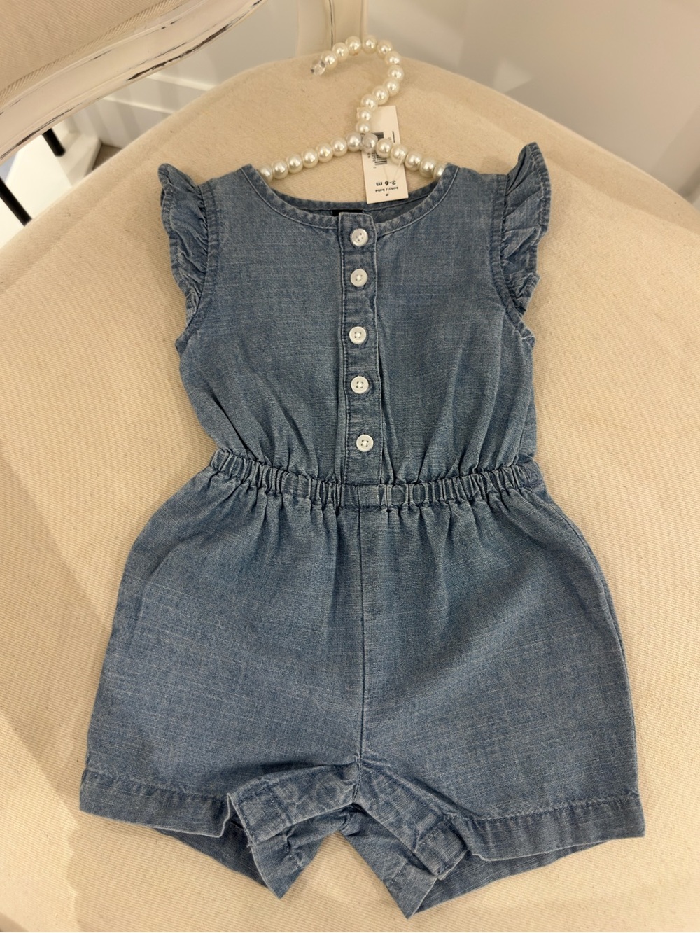 🦢 3~6 Mth Baby Girls' Denim Chambray Button Ruffle Romper NWT